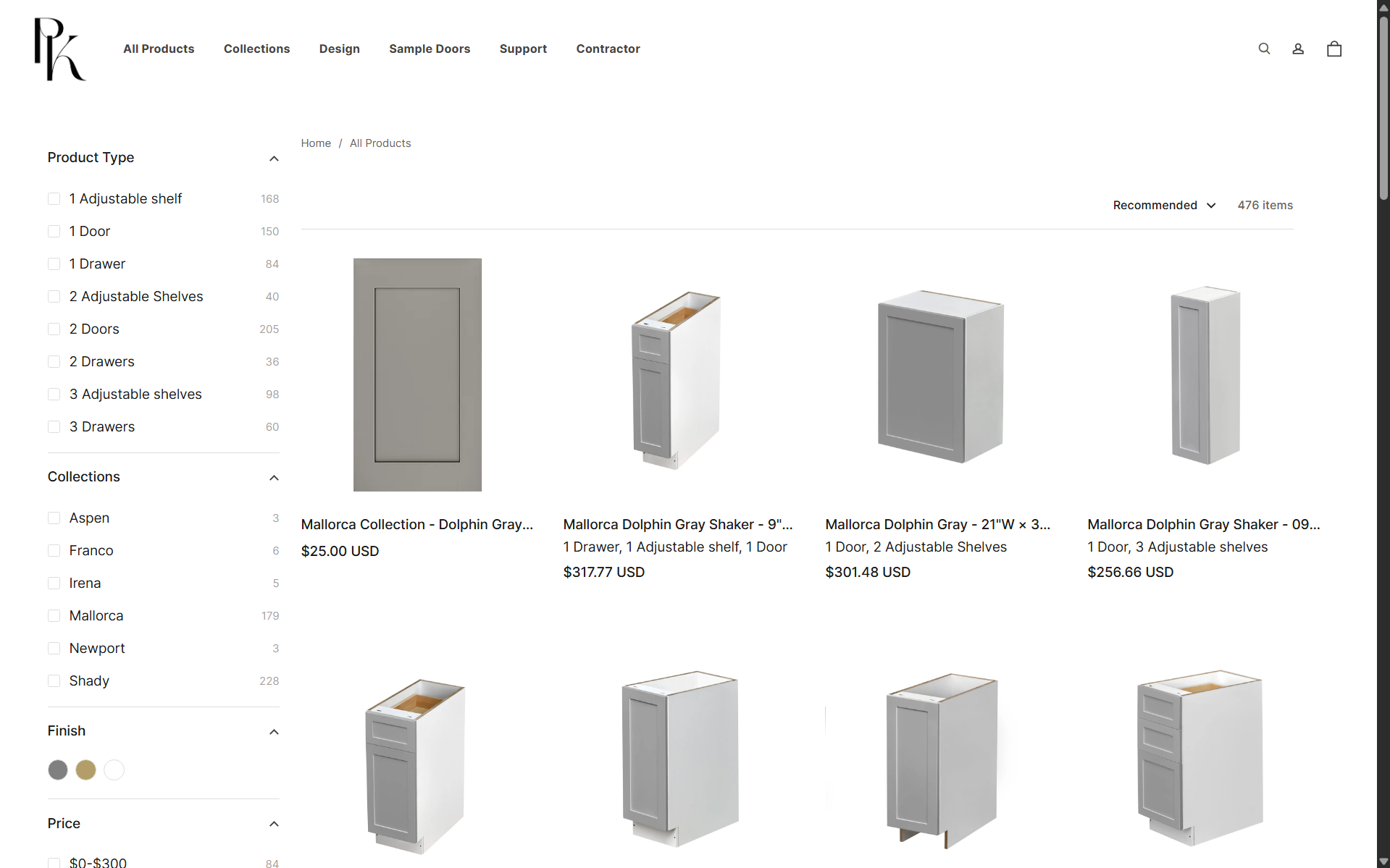 PK Cabinet product listing: filterable catalog with 476 items, product-type facets, collection filters, finish swatches, and shaker cabinet renders