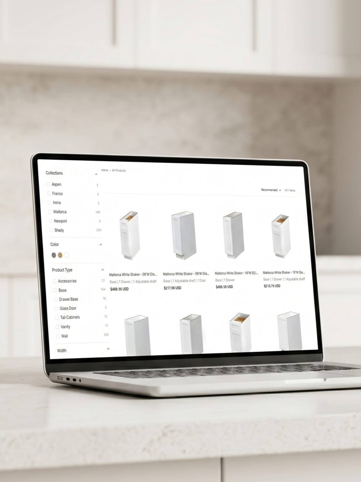 PK Cabinet online cabinet store website on a laptop, designed by Kitchen Websites